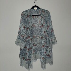 Mason & Belle Blue Floral Tile Print Kimono Cardigan Crochet Lace Trim‎ Plus 3X